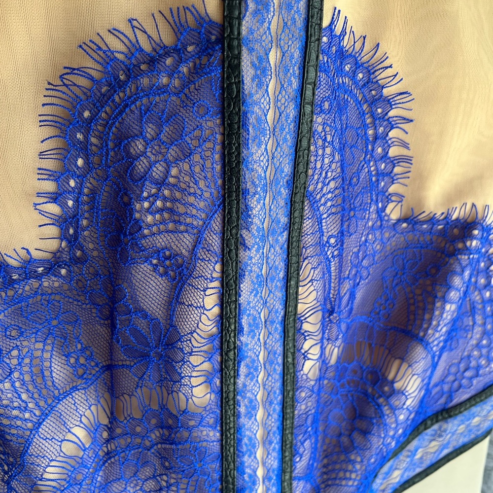 Three Floor electric blue/periwinkle Dress w/Lace, black leather, & sheer detail - Picture 12 of 16